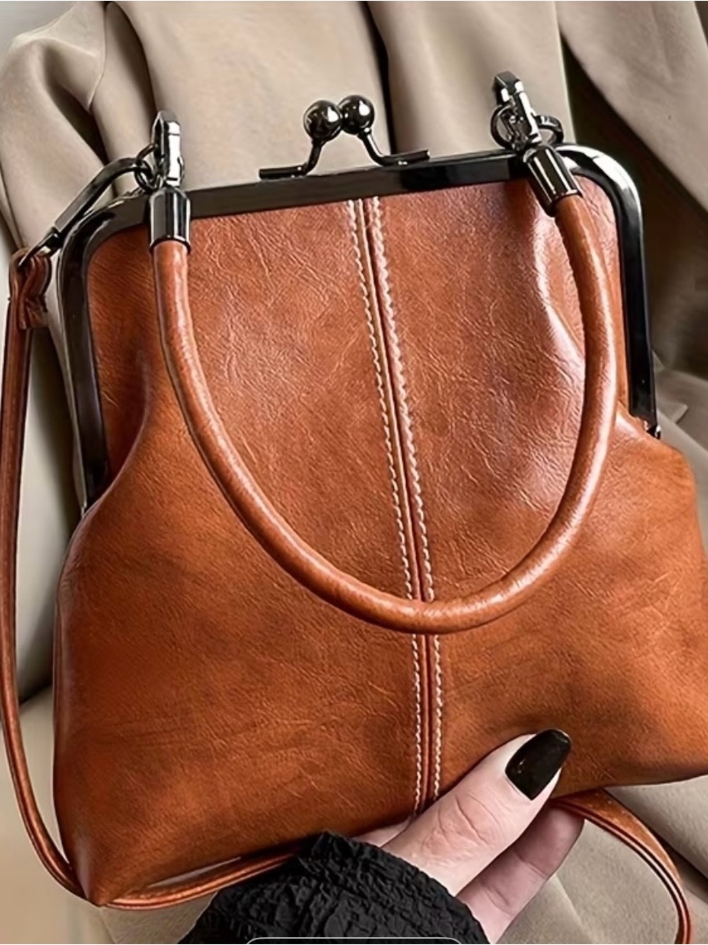 Classic Tan Leather-Effect Kiss-Lock Handbag ~by GECKO
